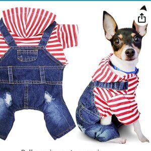Dog distressed overalls with attached striped hooded Tshirt, size S